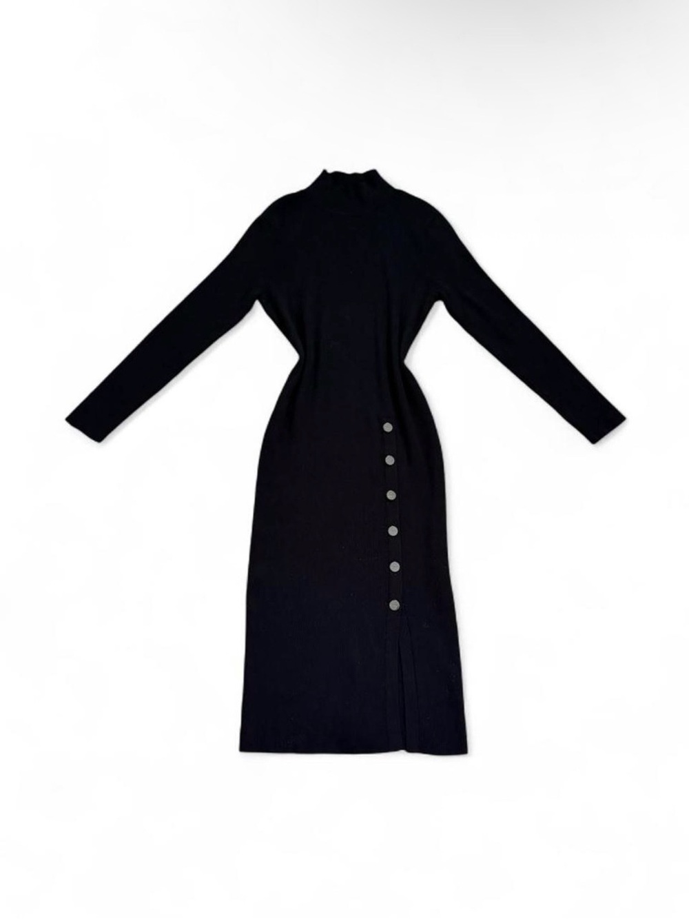 DKNY Black Long-Sleeve Button-Side Knit Dress